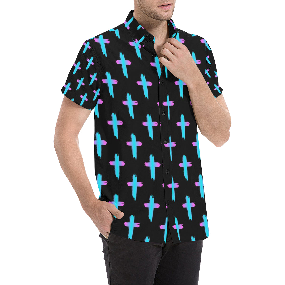 Christian Cross neon Pattern Men's Short Sleeve Button Up Shirt