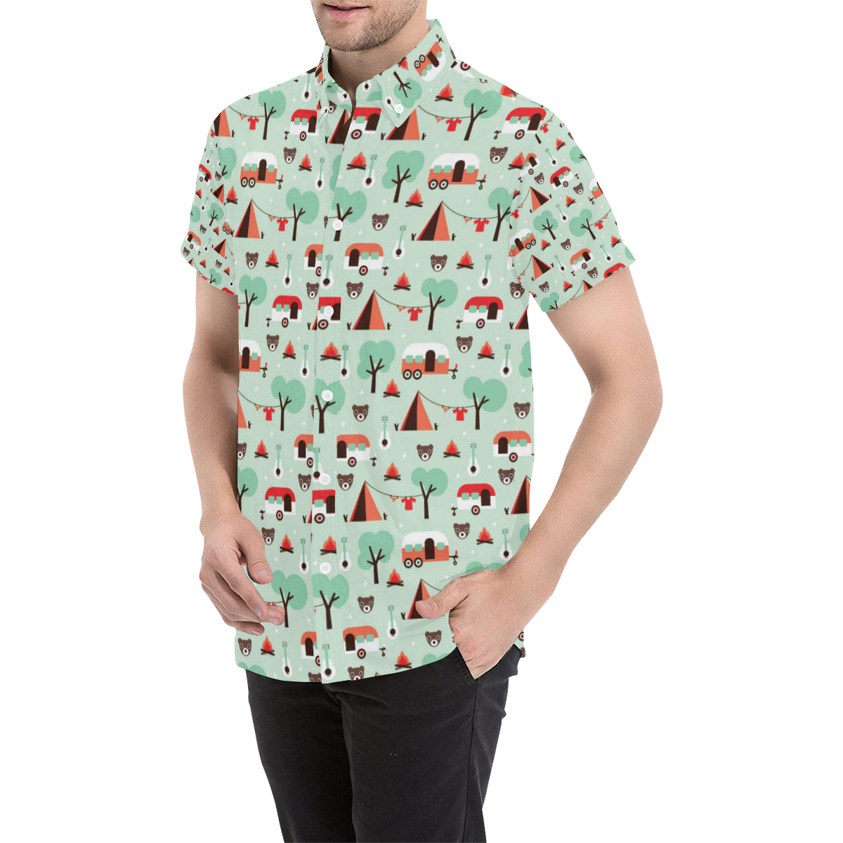 Camper Tent Pattern Print Design 01 Men's Short Sleeve Button Up Shirt