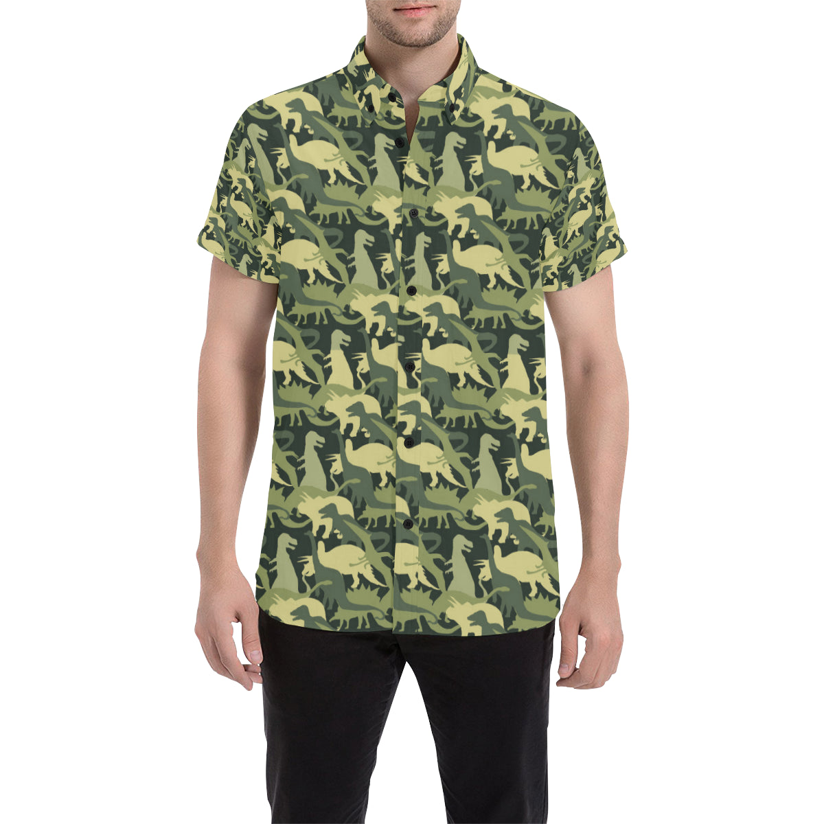 Camouflage Dinosaur Pattern Print Design 03 Men's Short Sleeve Button Up Shirt