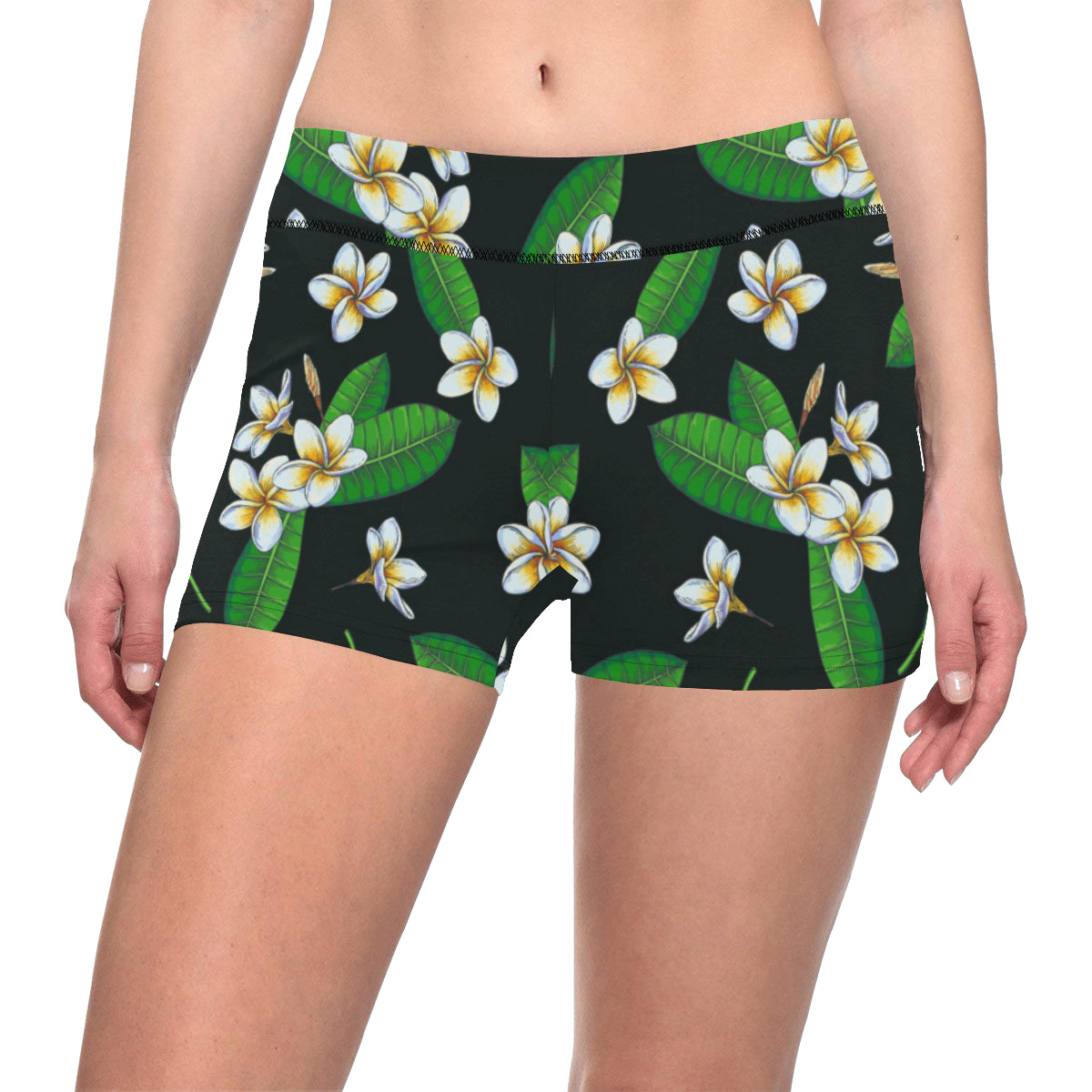 White Plumeria Pattern Print Design PM023 Yoga Shorts