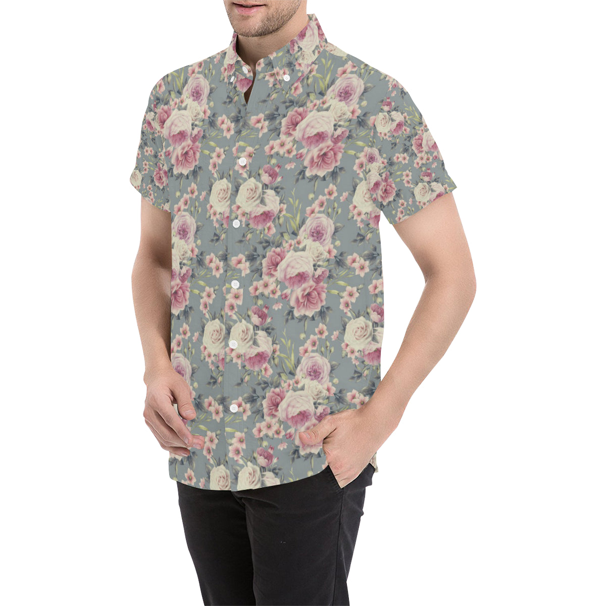 Peony Pattern Print Design PE05 Men's Short Sleeve Button Up Shirt