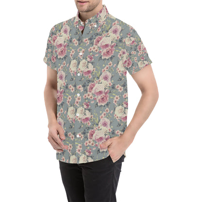 Peony Pattern Print Design PE05 Men's Short Sleeve Button Up Shirt