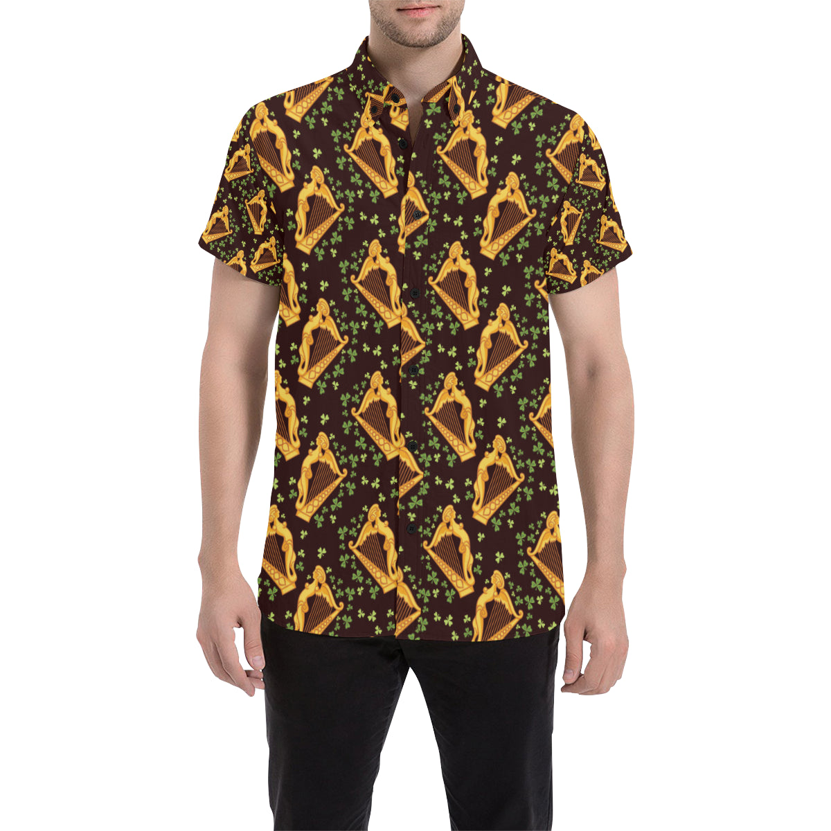 Harp Pattern Print Design 02 Men's Short Sleeve Button Up Shirt