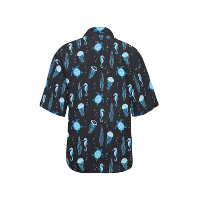 Sea Turtle Jelly Fish Sea Horse Print Design LKS3014 Women's Hawaiian Shirt