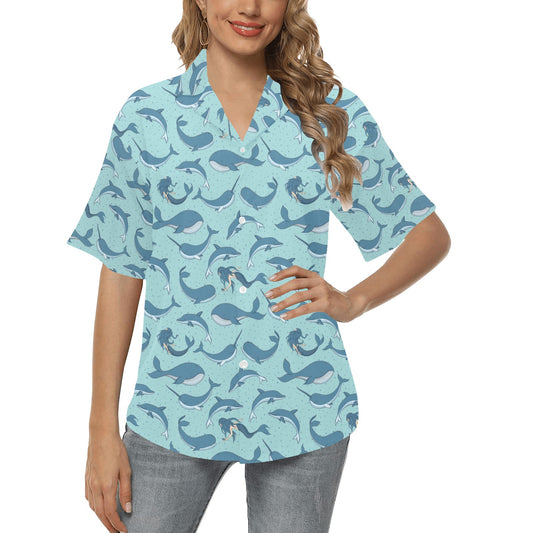 Narwhal Themed Print Women's Hawaiian Shirt