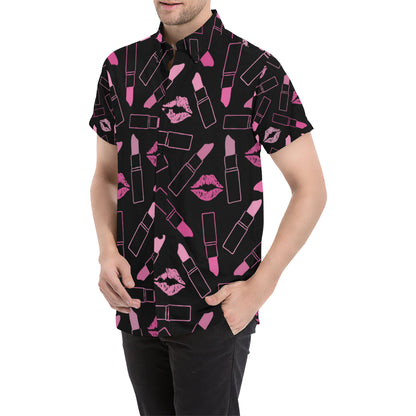 Lipstick Pink Pattern Print Design 01 Men's Short Sleeve Button Up Shirt