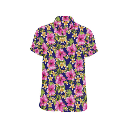 Pink Hibiscus Pattern Print Design HB027 Men's Short Sleeve Button Up Shirt