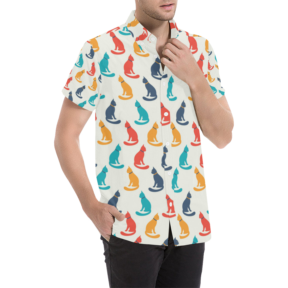 Cat Pattern Print Design 03 Men's Short Sleeve Button Up Shirt