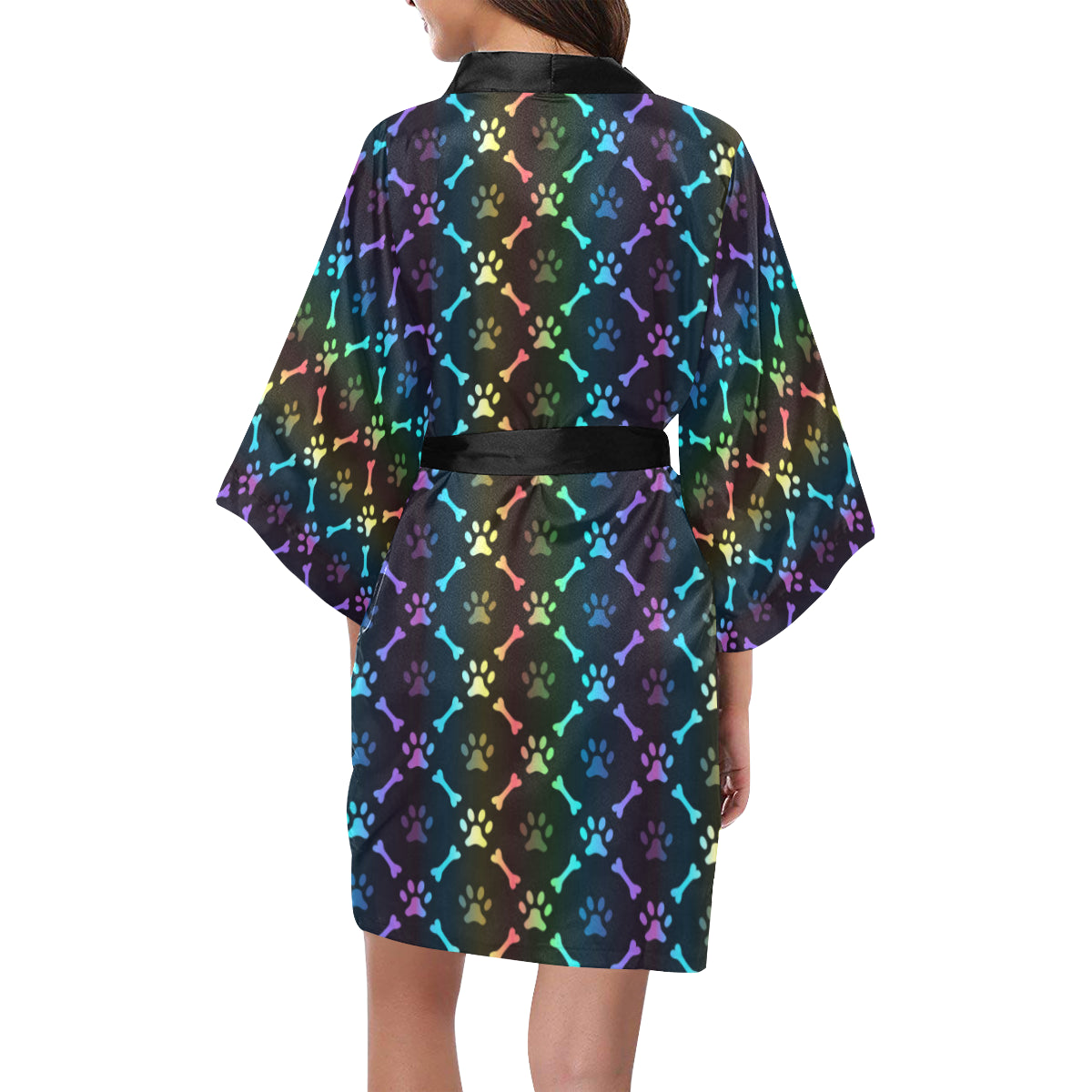 Paw Rainbow Pattern Print Design A01 Women's Short Kimono