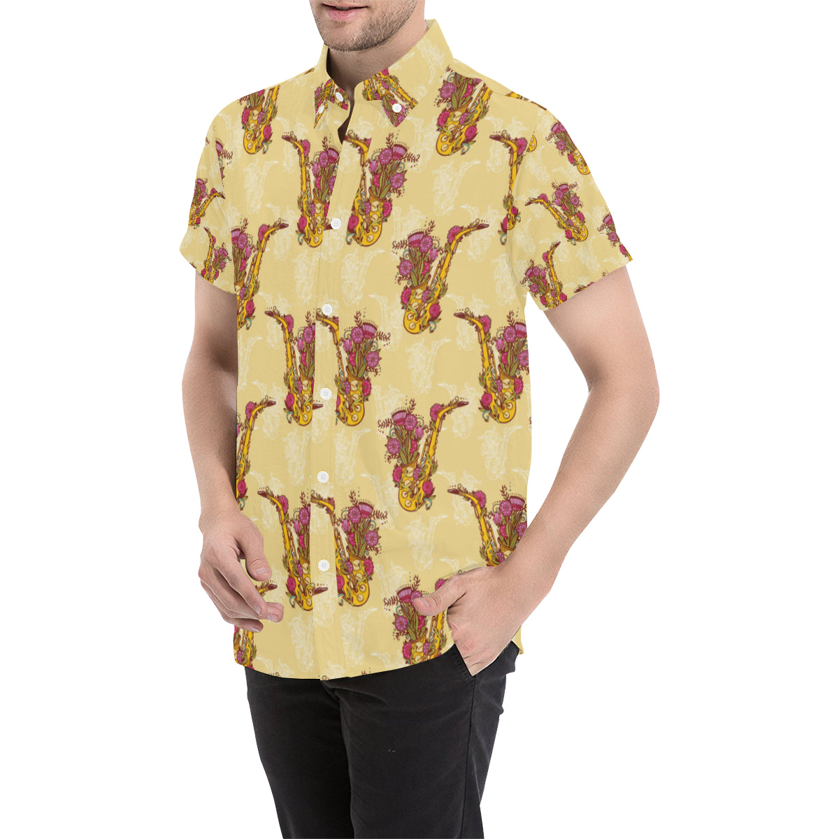 Saxophone Pattern Print Design 04 Men's Short Sleeve Button Up Shirt