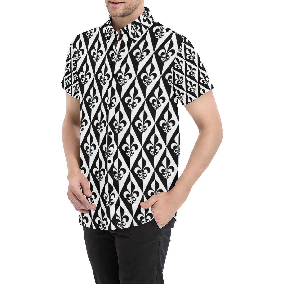 Fleur De Lis Black White Pattern Print Design 02 Men's Short Sleeve Button Up Shirt