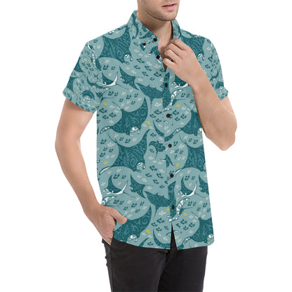 Manta Ray Tribal Pattern Print Design 03 Men's Short Sleeve Button Up Shirt