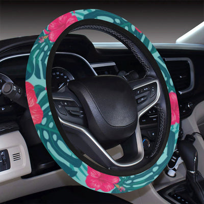 Red Hibiscus Pattern Print Design HB017 Steering Wheel Cover with Elastic Edge
