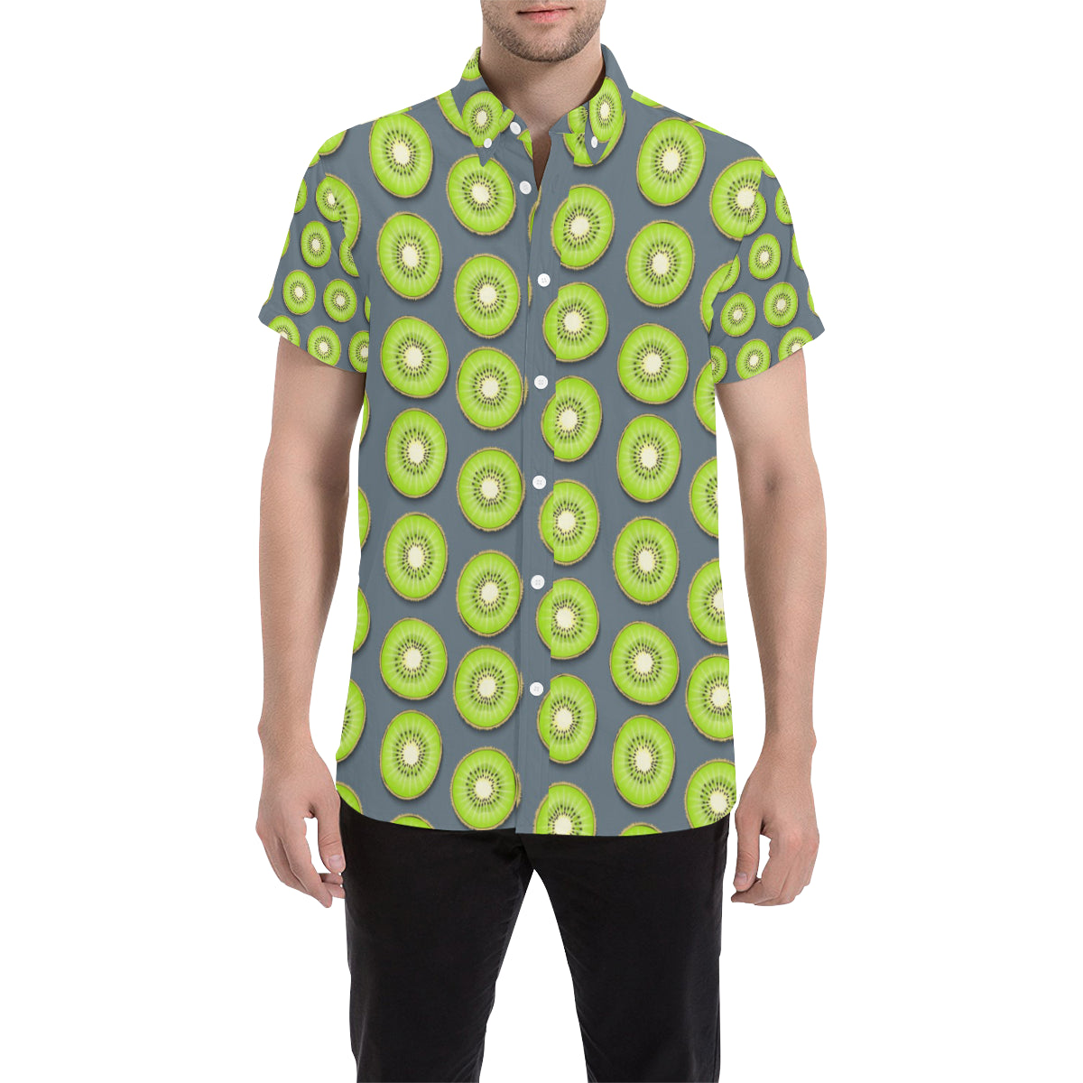 Kiwi Pattern Print Design KW06 Men's Short Sleeve Button Up Shirt