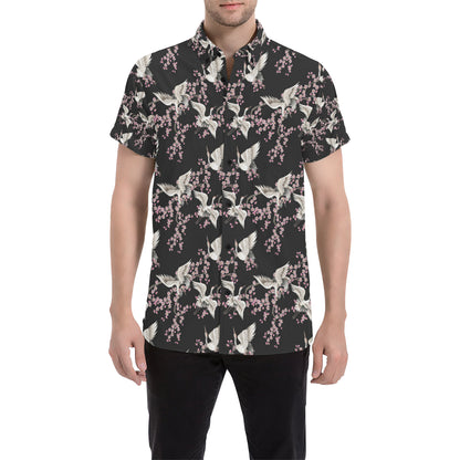 Crane Pattern Print Design 01 Men's Short Sleeve Button Up Shirt