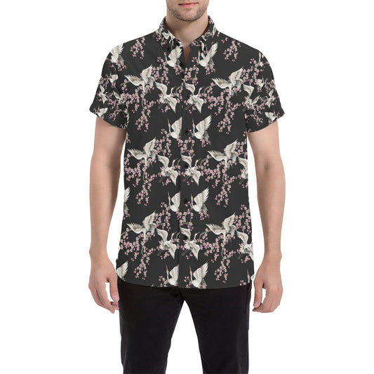 Crane Pattern Print Design 01 Men's Short Sleeve Button Up Shirt