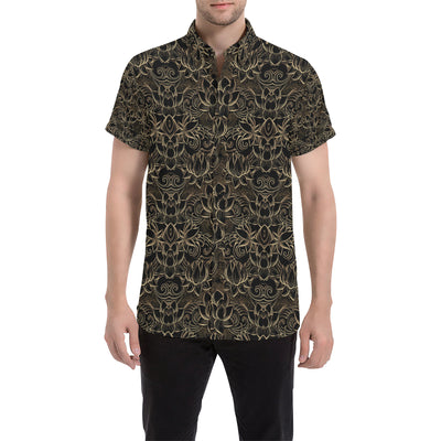 Lotus Gold Mandala Design Themed Men's Short Sleeve Button Up Shirt