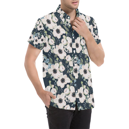 Anemone Pattern Print Design AM02 Men's Short Sleeve Button Up Shirt