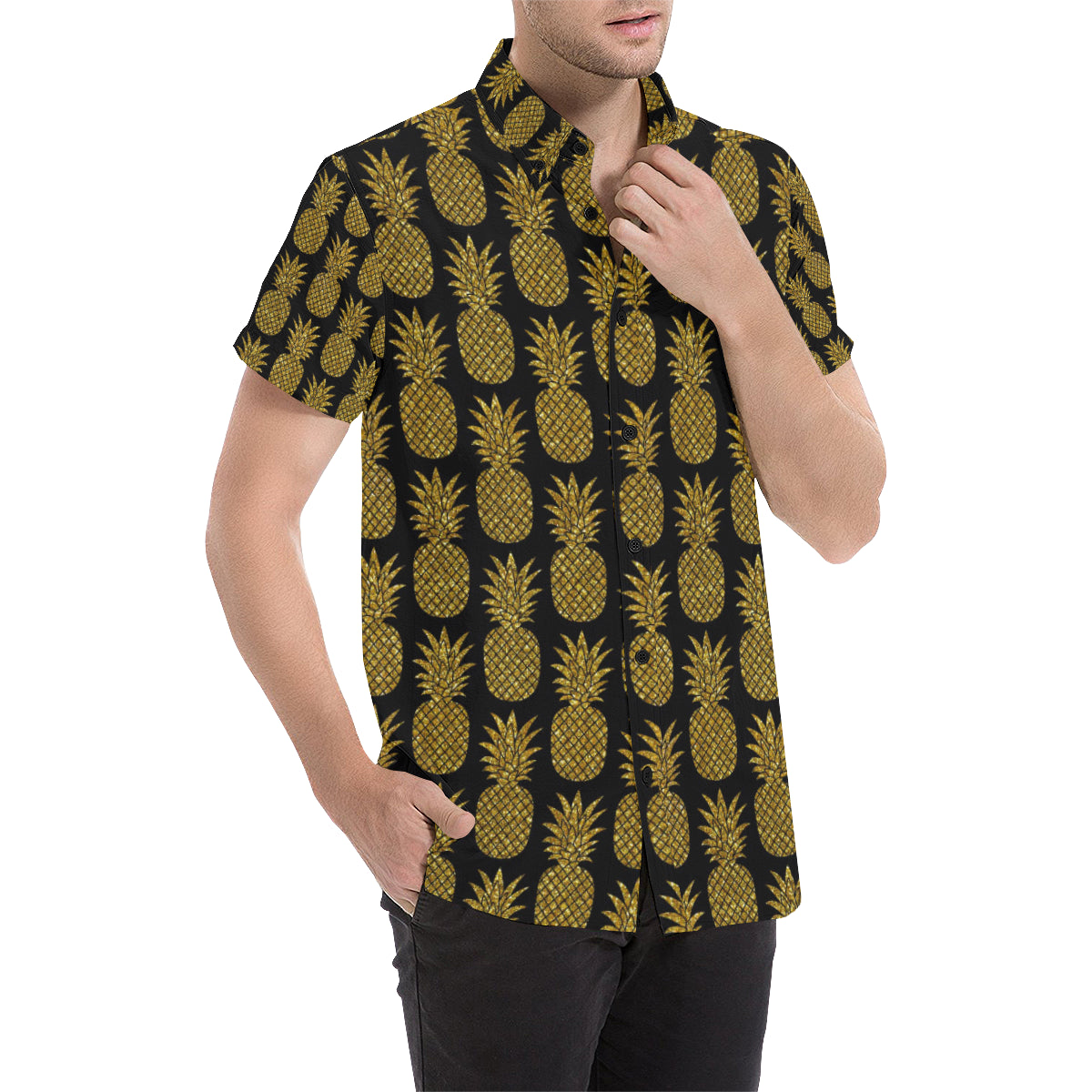 Gold Pineapple Pattern Print Design PP011 Men's Short Sleeve Button Up Shirt