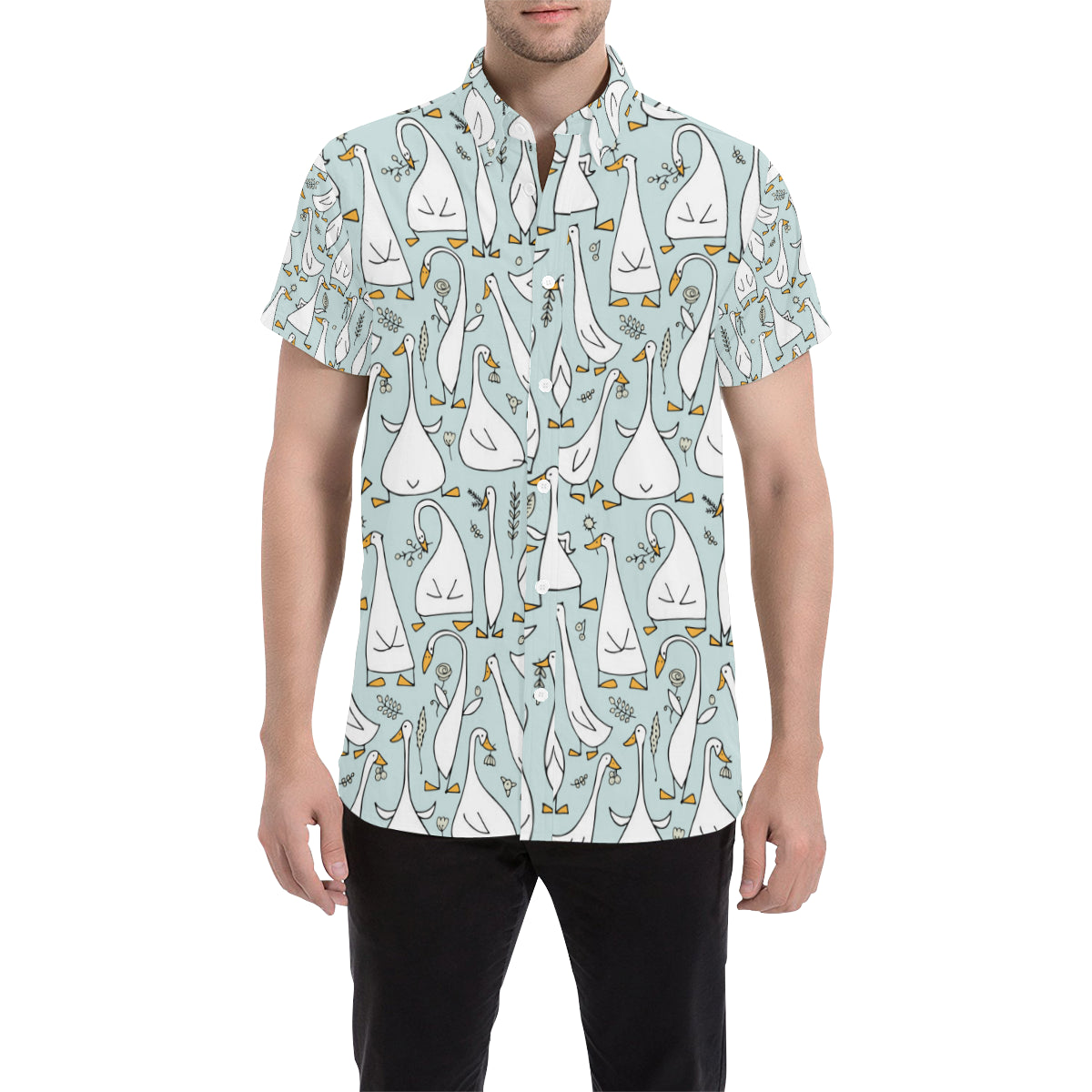 Goose Pattern Print Design 03 Men's Short Sleeve Button Up Shirt