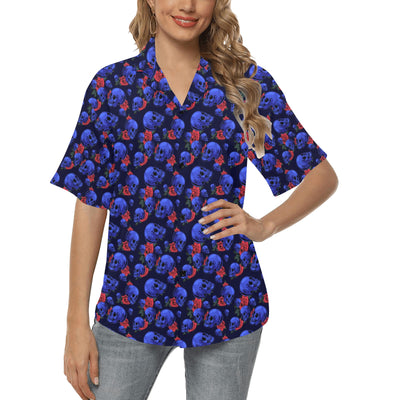 Skull Roses Neon Design Themed Print Women's Hawaiian Shirt