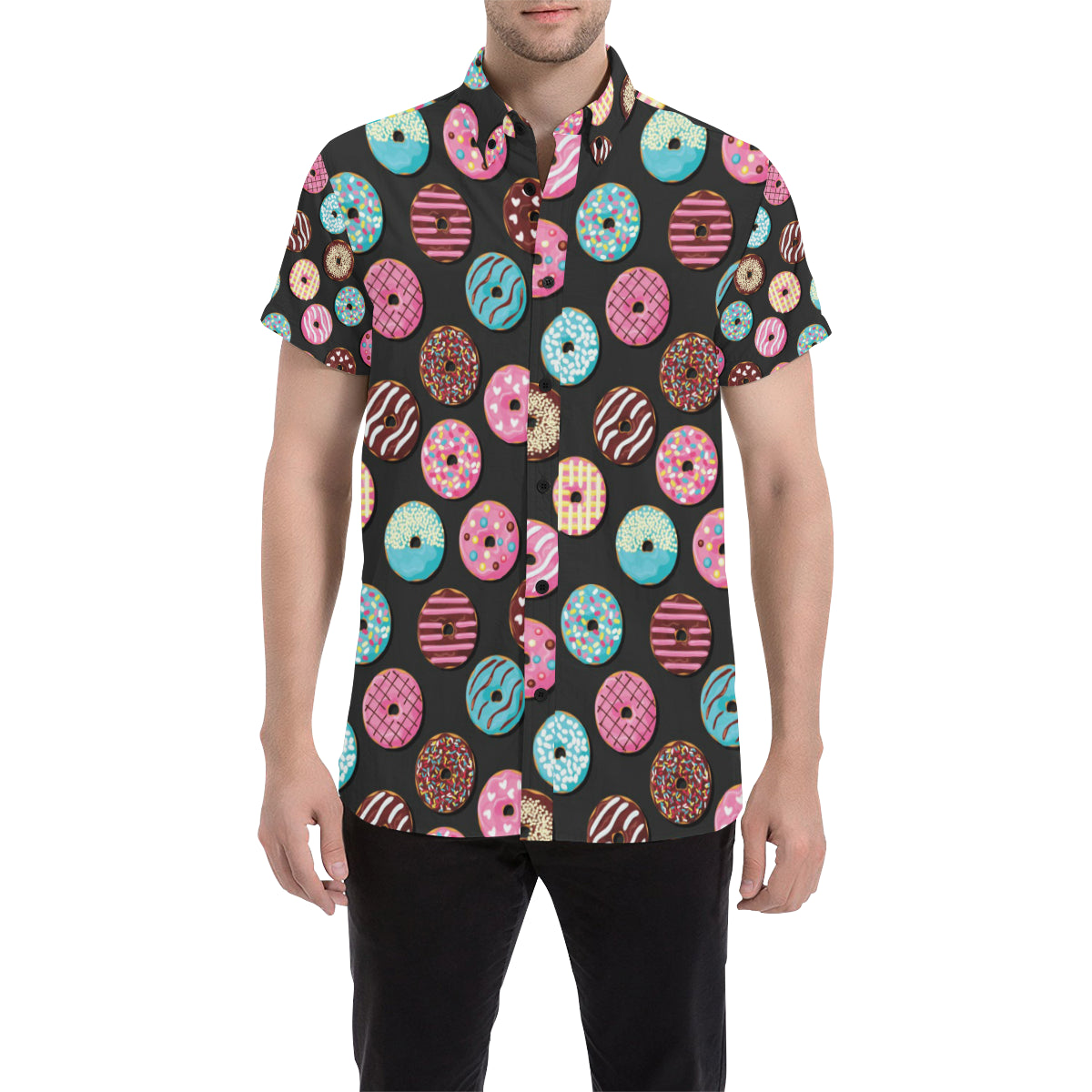 Donut Pattern Print Design DN02 Men's Short Sleeve Button Up Shirt