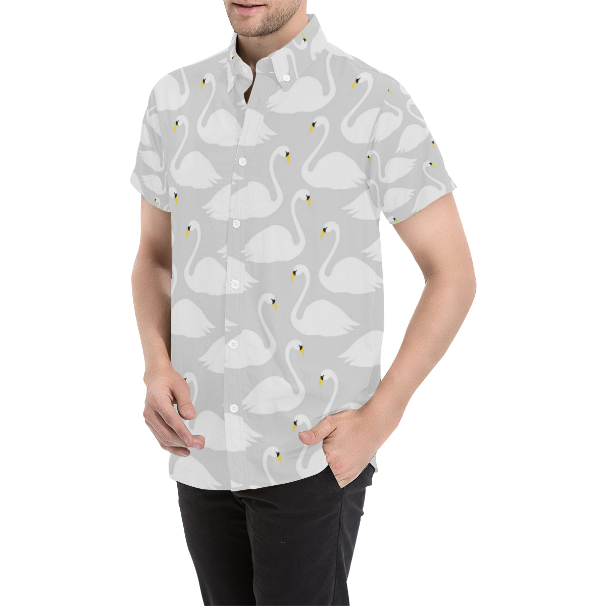 Swan Pattern Print Design 02 Men's Short Sleeve Button Up Shirt