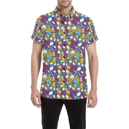 Comic Book Pattern Print Design 02 Men's Short Sleeve Button Up Shirt