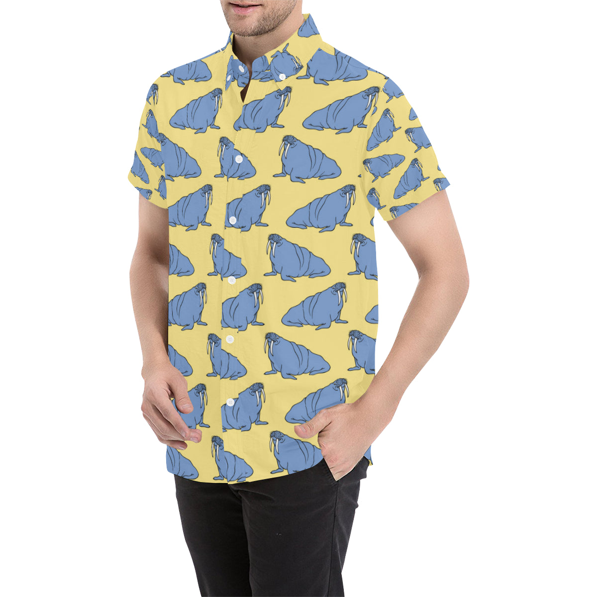 Walrus Pattern Print Design 02 Men's Short Sleeve Button Up Shirt