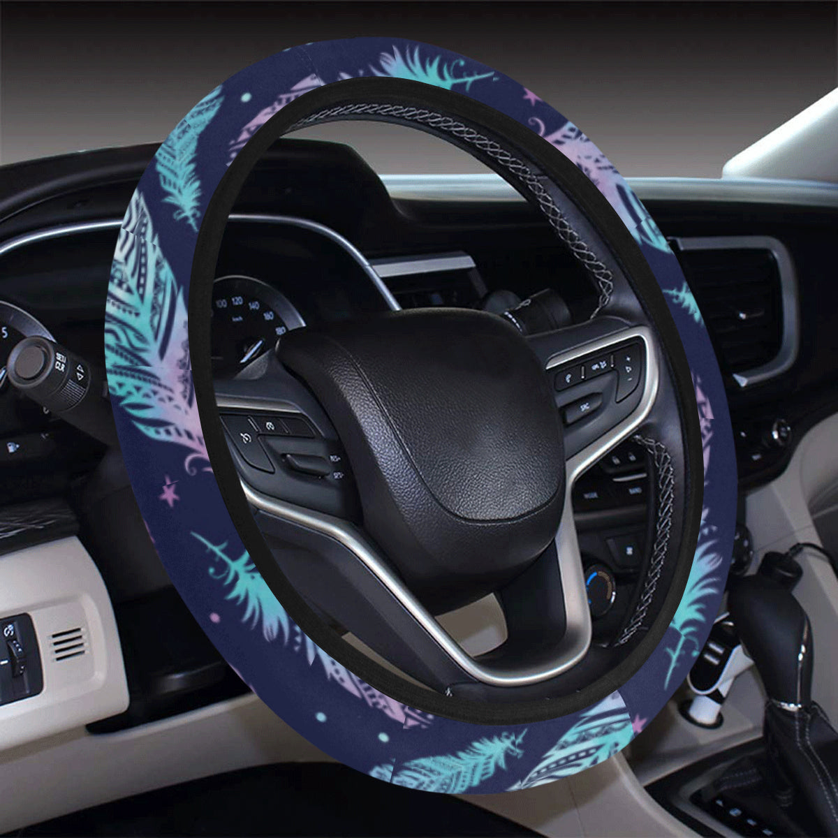 Feather Aztec Design Print Steering Wheel Cover with Elastic Edge