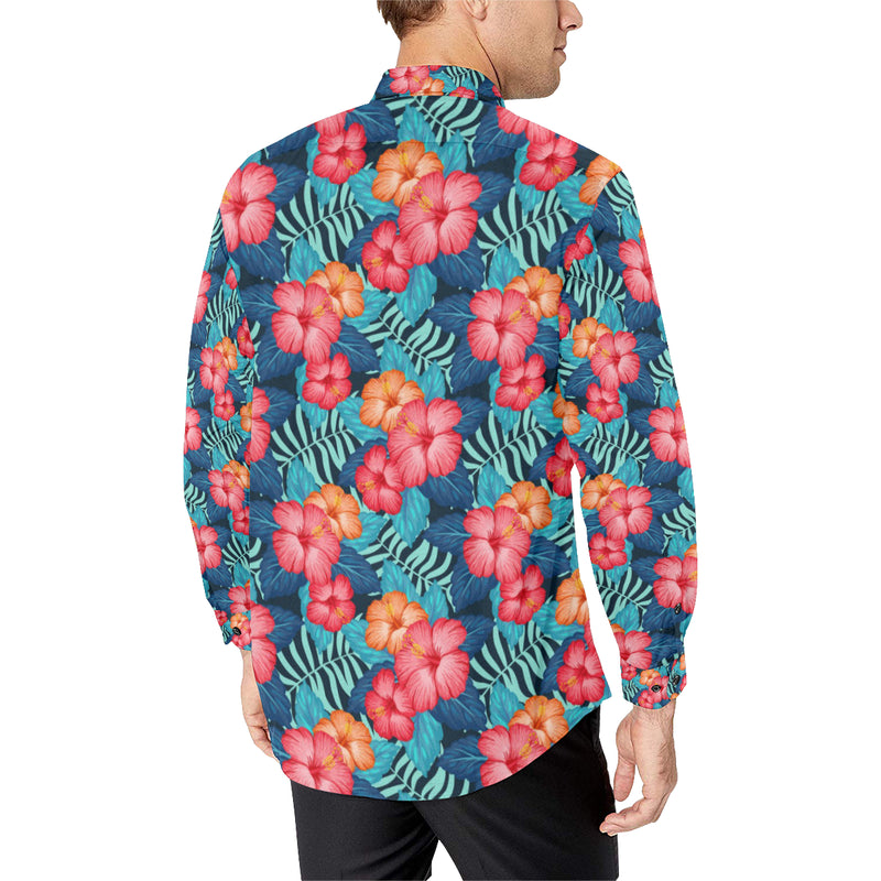 Red Hibiscus Pattern Print Design HB02 Men's Long Sleeve Shirt