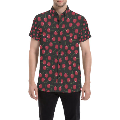 Cherry Black Background Men's Short Sleeve Button Up Shirt