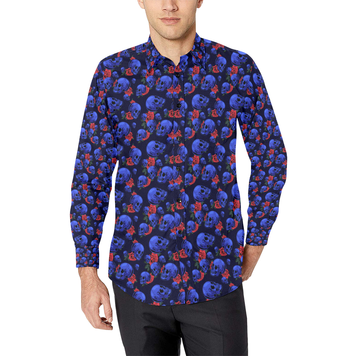 Skull Roses Neon Design Themed Print Men's Long Sleeve Shirt