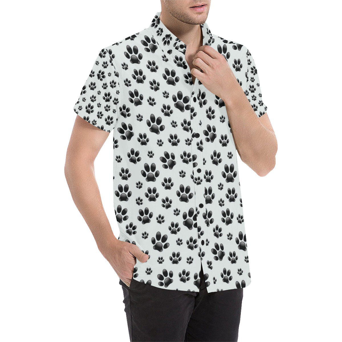 Paw Themed Print Men's Short Sleeve Button Up Shirt