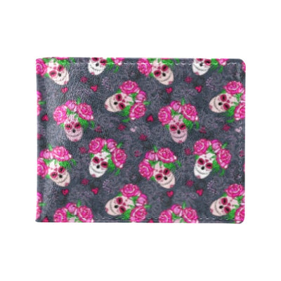 Sugar Skull Pink Rose Themed Print Men's ID Card Wallet