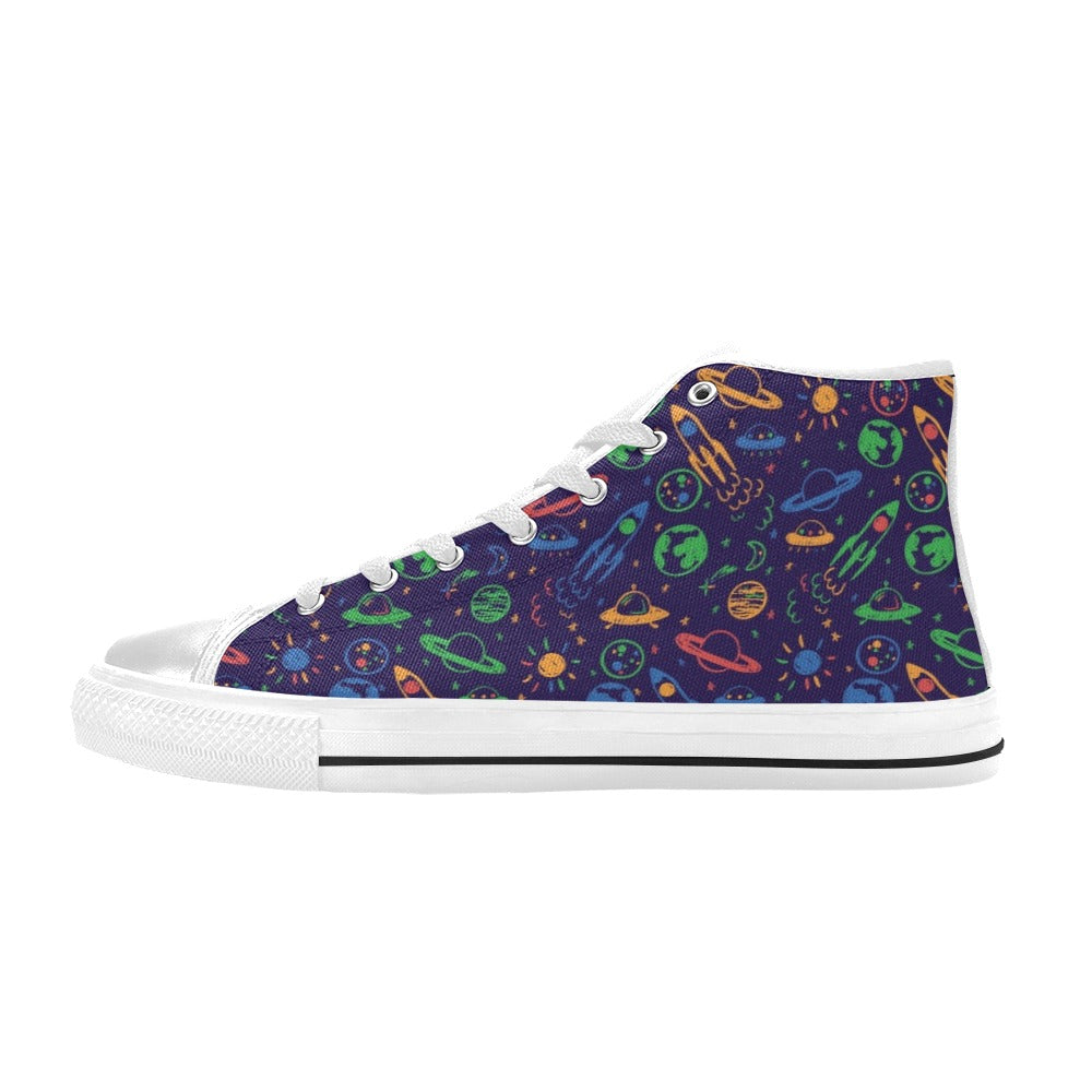 UFO Space Rocket Print Design LKS302 High Top Women's White Shoes