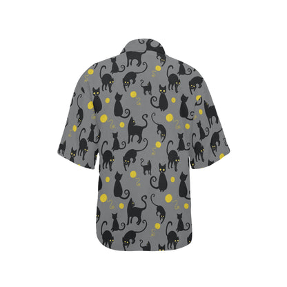 Black Cat Yellow Yarn Print Pattern Women's Hawaiian Shirt