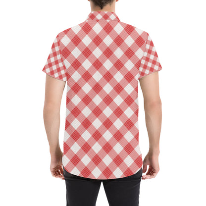 Gingham Red Pattern Print Design 01 Men's Short Sleeve Button Up Shirt