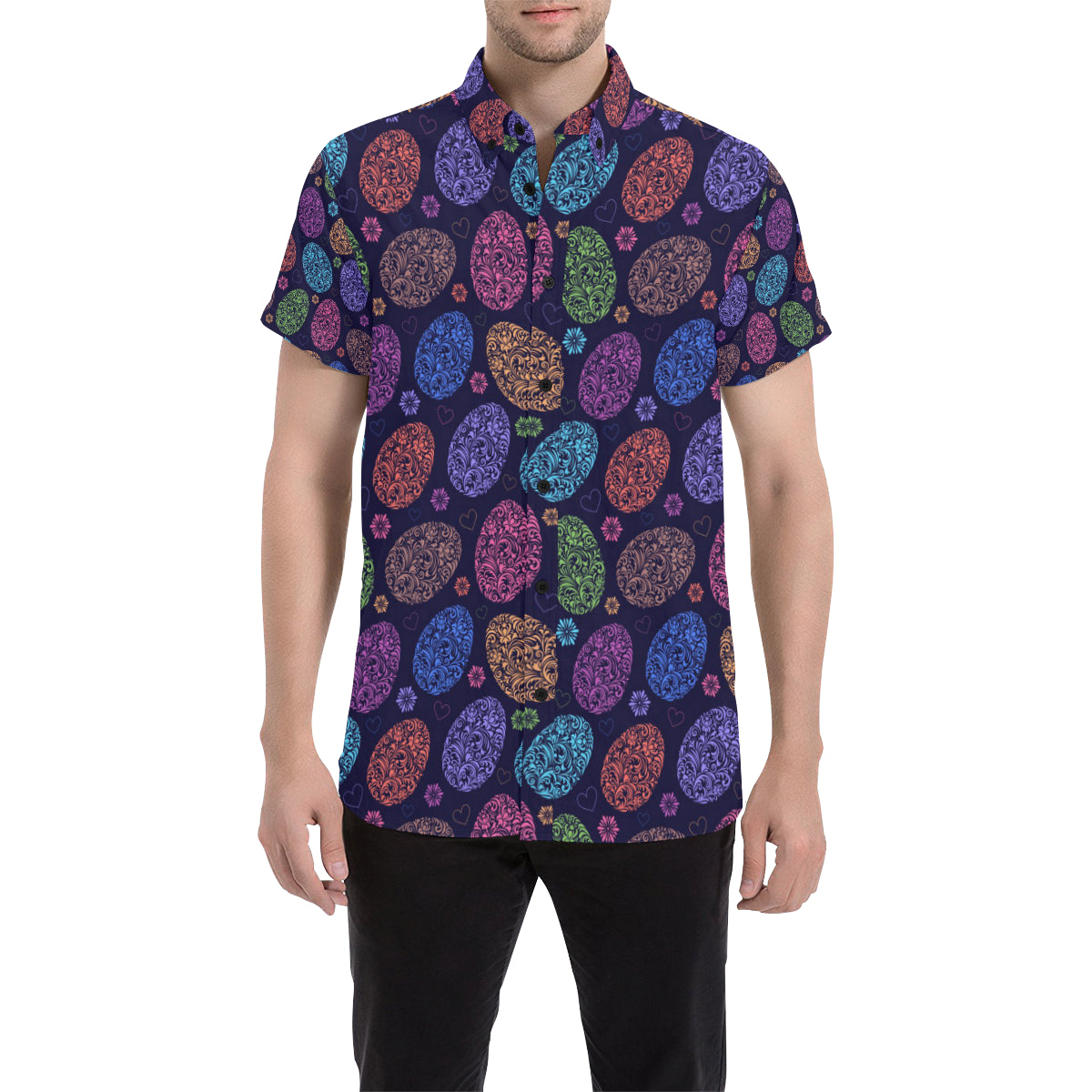 Easter Eggs Pattern Print Design RB012 Men's Short Sleeve Button Up Shirt