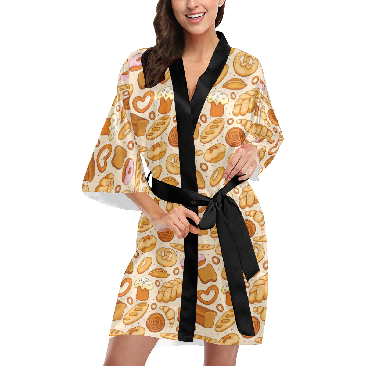 Bread Pattern Print Design 01 Women's Short Kimono