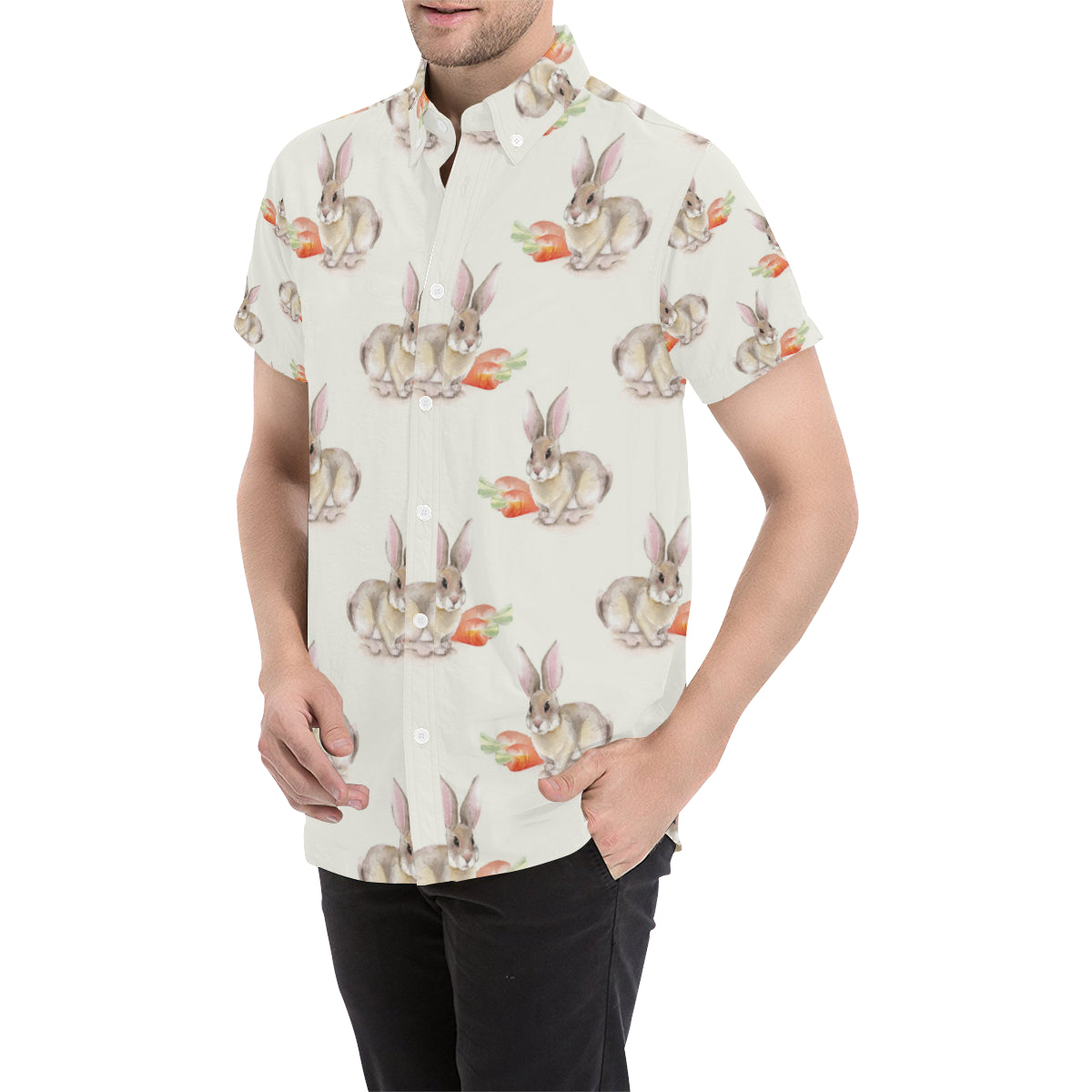Rabbit Pattern Print Design 01 Men's Short Sleeve Button Up Shirt
