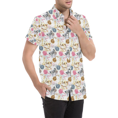 Cat Playing Yarn Pattern Print Design 07 Men's Short Sleeve Button Up Shirt
