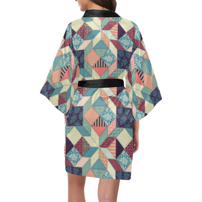Patchwork Pattern Print Design 02 Women's Short Kimono