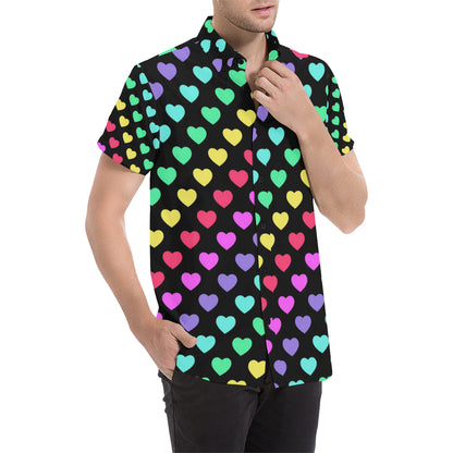 Heart Rainbow Pattern Print Design HE02 Men's Short Sleeve Button Up Shirt