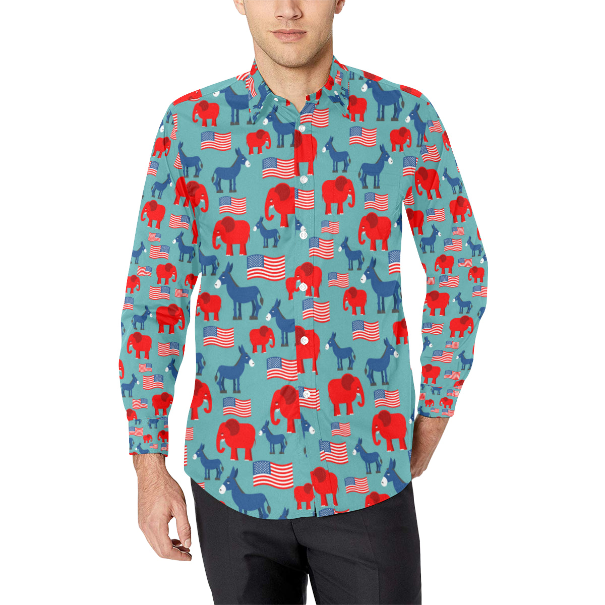 Donkey Red Elephant Pattern Print Design 03 Men's Long Sleeve Shirt