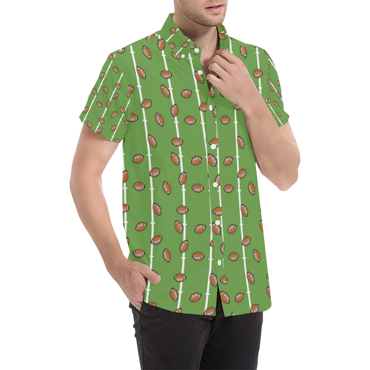 American Football on Field Themed Print Men's Short Sleeve Button Up Shirt