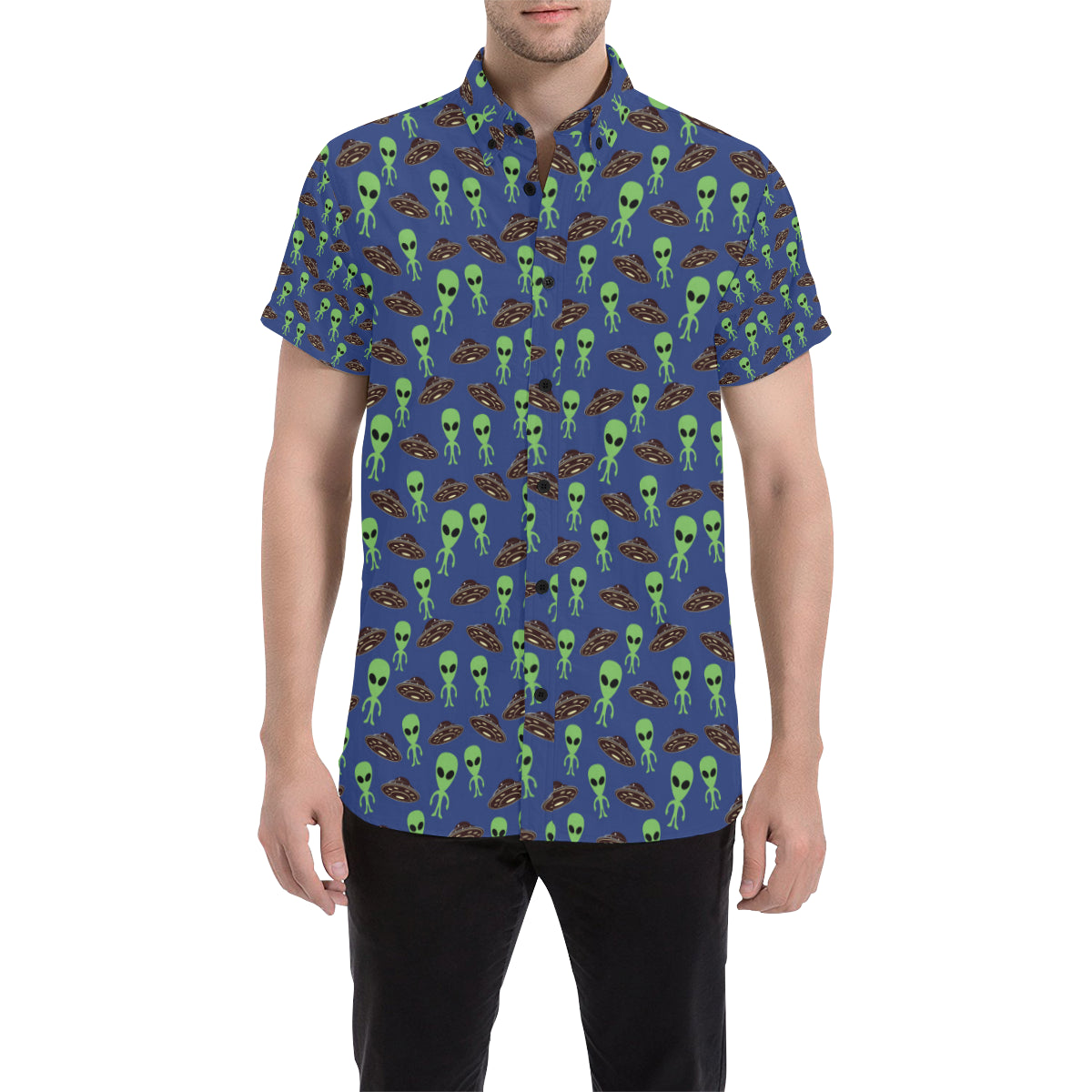 Alien Green UFO Pattern Men's Short Sleeve Button Up Shirt