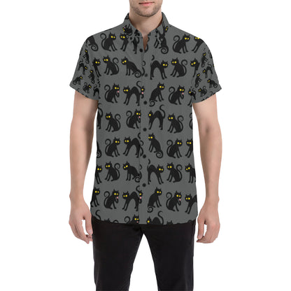 Black Cat Cute Print Pattern Men's Short Sleeve Button Up Shirt
