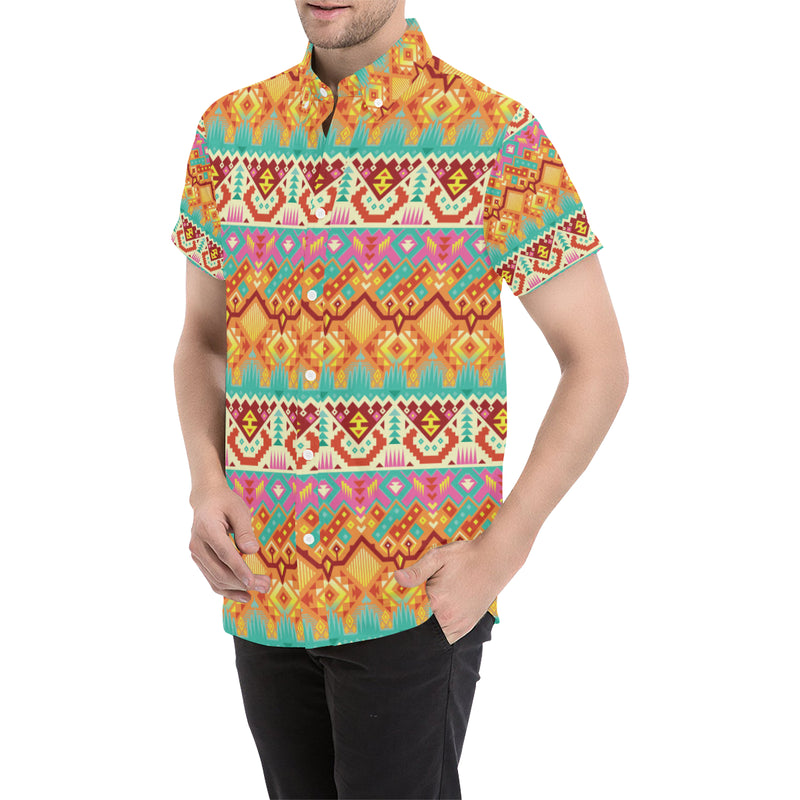 Aztec Pattern Print Design 03 Men's Short Sleeve Button Up Shirt