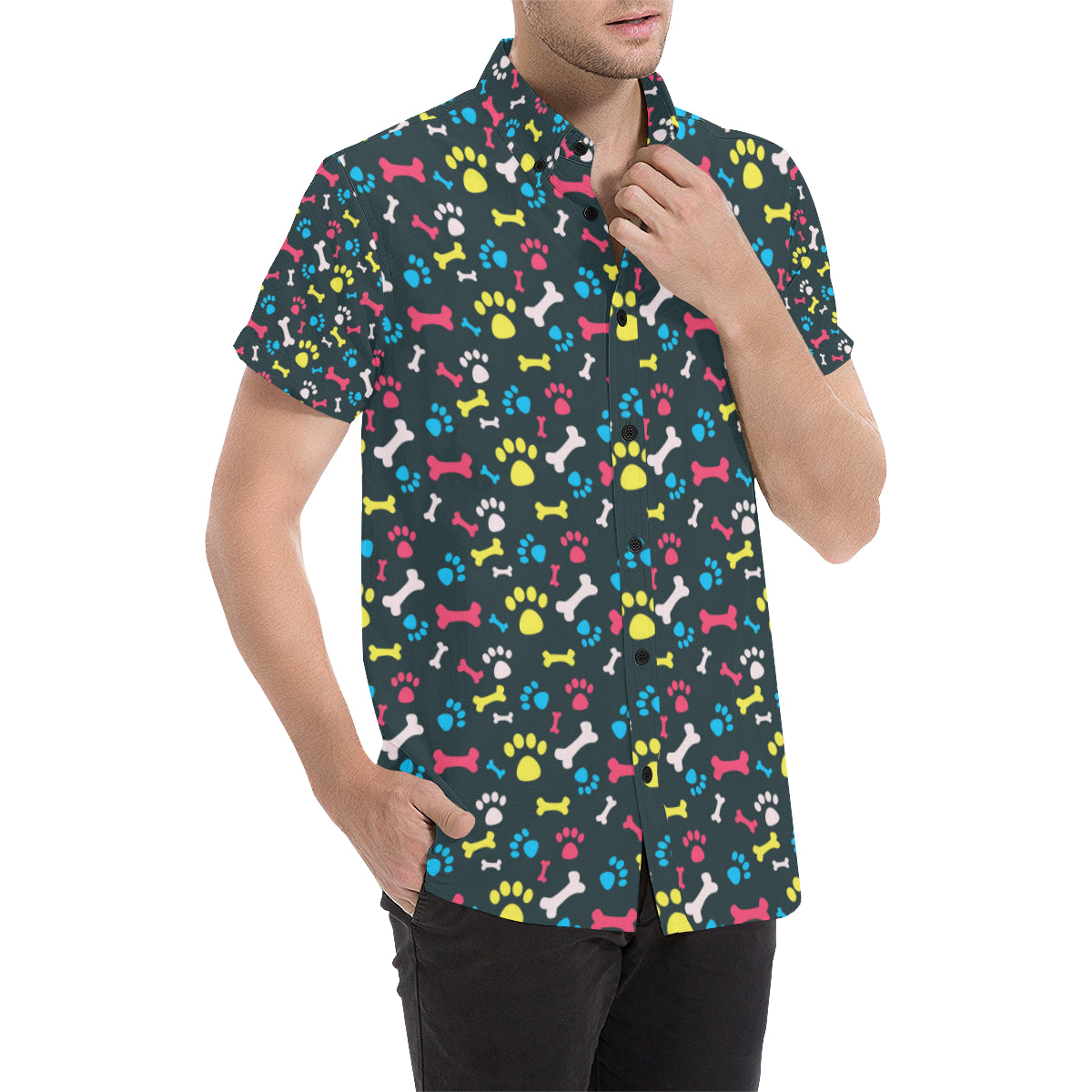 Paw Design Print Men's Short Sleeve Button Up Shirt